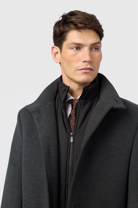 Single Breasted Long Sleeve Five Button Funnel Overcoat in Charcoal - Image 3