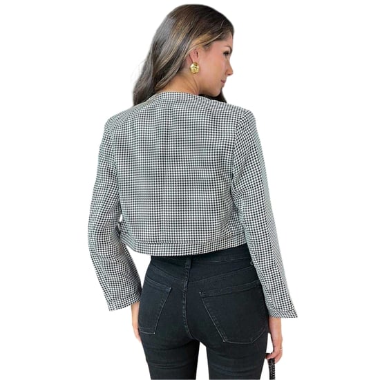 AX Paris Damesjasje met houndstooth-patroon, dubbelrijig en op maat gesneden (Zwart, Wit) - Image 2