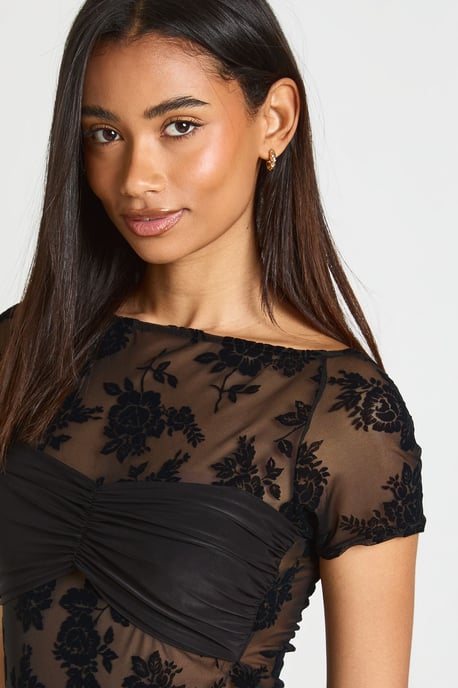 Floral Flocked Mesh Twist Front Short Sleeve Bodysuit - Image 4