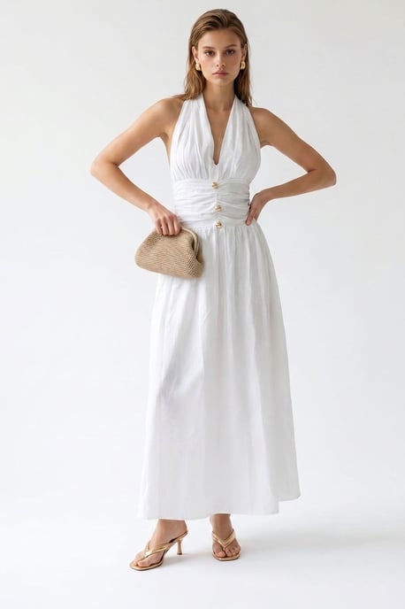 Dames Katoenen Poplin Halter Maxi Jurk - Image 3
