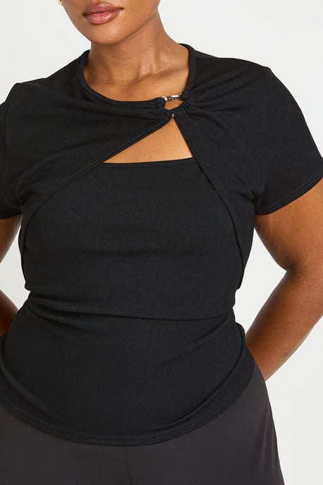 Plus Rib Gold Trim Detail Cut Out Short Sleeve Top - Image 4