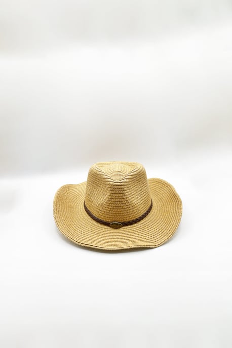 Wide Brim Straw Sun Hat with Adjustable Chin Strap in Beige - Image 2