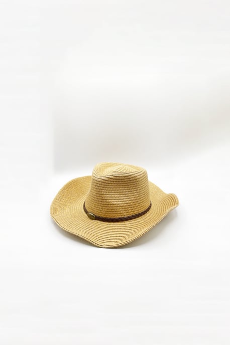 Wide Brim Straw Sun Hat with Adjustable Chin Strap in Beige - Image 3
