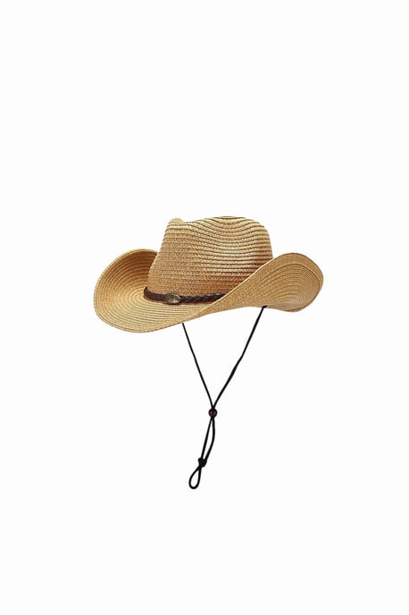 Wide Brim Straw Sun Hat with Adjustable Chin Strap in Beige - Image 4