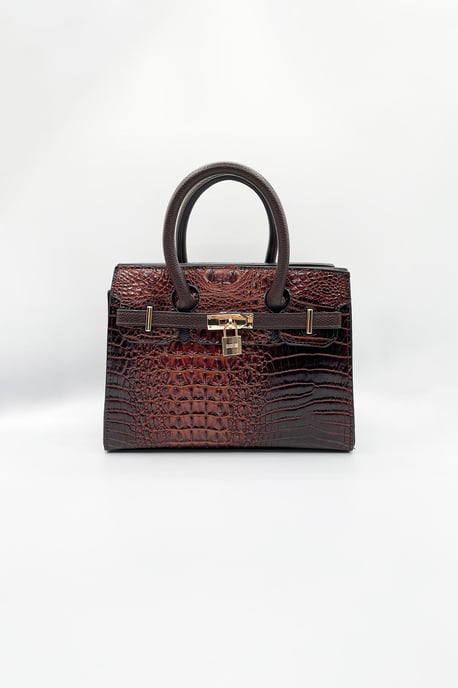 Croc-Print Handbag in Dark Brown - Image 3