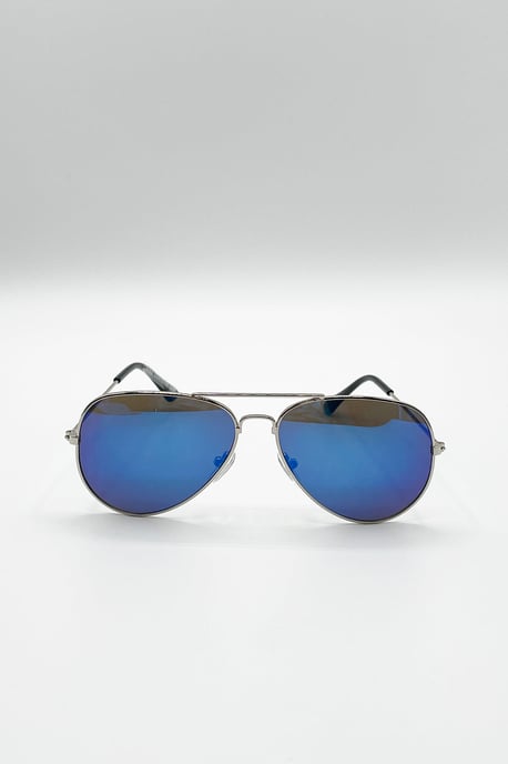 Kids Aviator Sunglasses Silver Frame With Blue Mirrored Lenses - Image 3