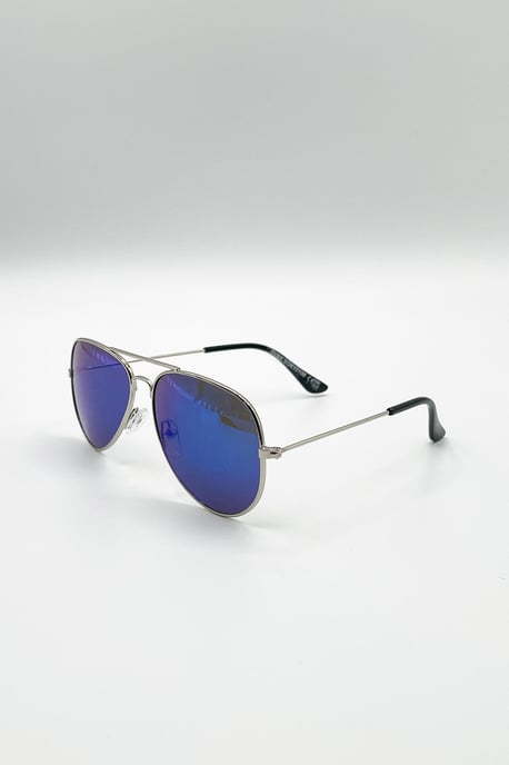 Kids Aviator Sunglasses Silver Frame With Blue Mirrored Lenses - Image 4