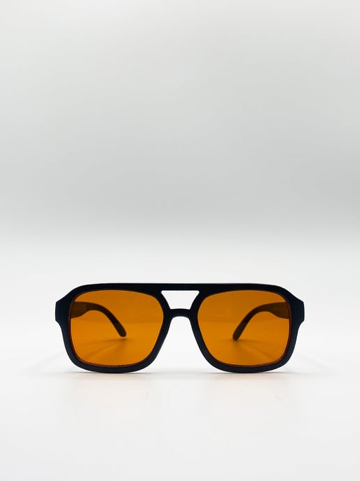 70's Navigator Sunglasses In Black With Orange Lenses - Image 1