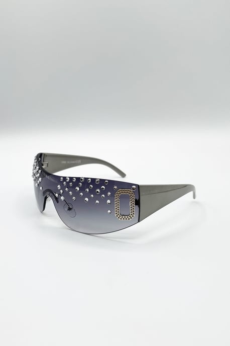 Racer Diamante Sunglasses In Silver - Image 3