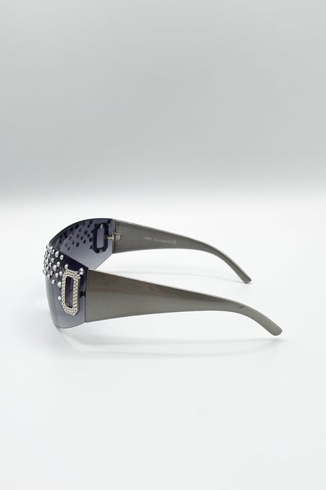 Racer Diamante Sunglasses In Silver - Image 4