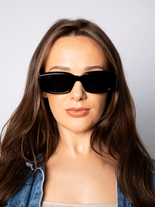 Chunky Rectangle Sunglasses with Extra Wide Arms in Black - Image 3