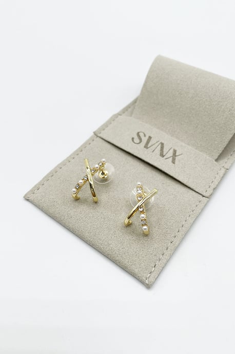 Pearl & Crystal Cross Earrings in Gold - Image 1
