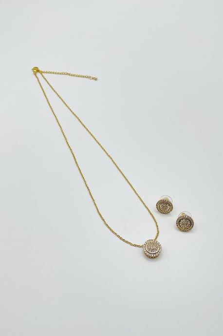 Diamante Halo Necklace & Earrings Set in Gold with Gift Box - Image 2