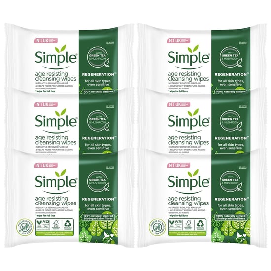 Simple Age-Resisting Cleansing Wipes Green Tea 20 Wipes, Pack of 6 for Sensitive Skin - Image 1