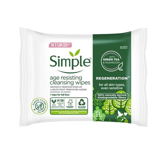 Simple Age-Resisting Cleansing Wipes Green Tea 20 Wipes, Pack of 6 for Sensitive Skin - Image 3