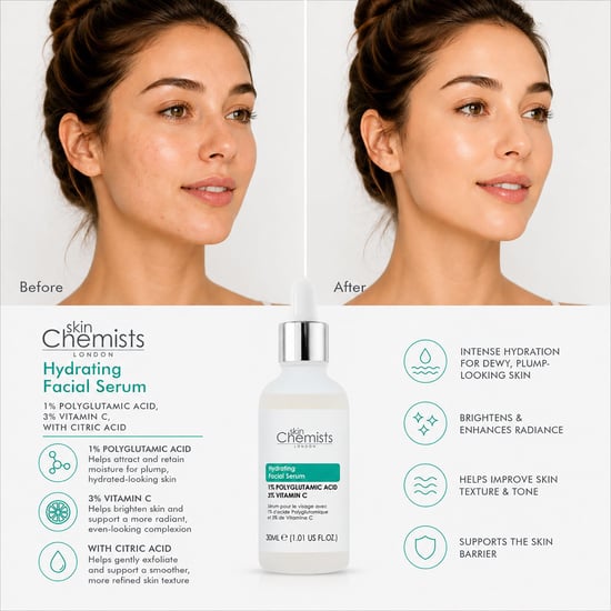 skinChemists Hydrating Polyglutamic Acid 1%, Vitamin C 3% Facial Serum 30ml for Brightening, Dark Spots - Image 2