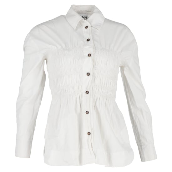 Ganni Shirred Long Sleeve Shirt in White Cotton - Image 1