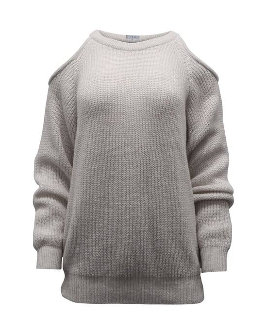 Iro Lineisy ribbad stickad tröja med kall axel i ljusbeige akryl - Image 1