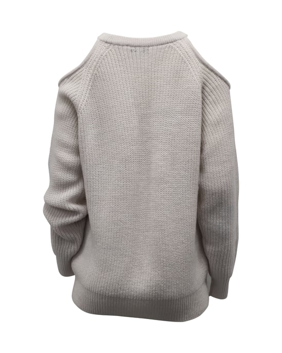 Iro Lineisy ribbad stickad tröja med kall axel i ljusbeige akryl - Image 3