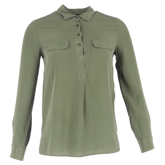 Maje blouse met halve knoopjes en borstzakken in olijfgroene zijde - Image 1