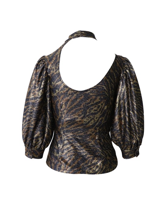 Ganni Tiger Print Puff Sleeve Lurex Stickad Topp i Flerfärgad Polyester - Image 3