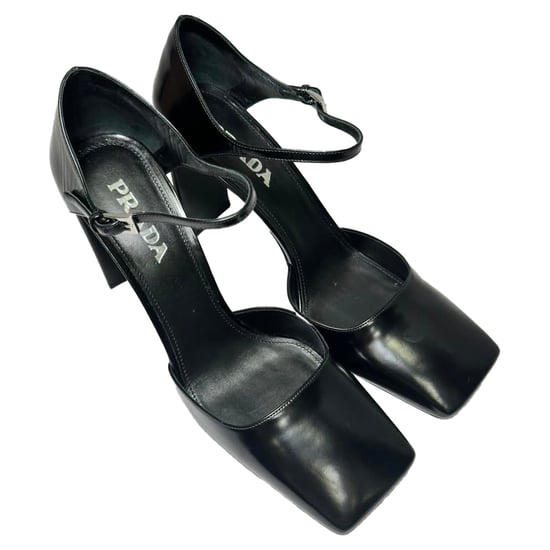 Prada Square Toe Ankle Strap Block Heels in Black Leather