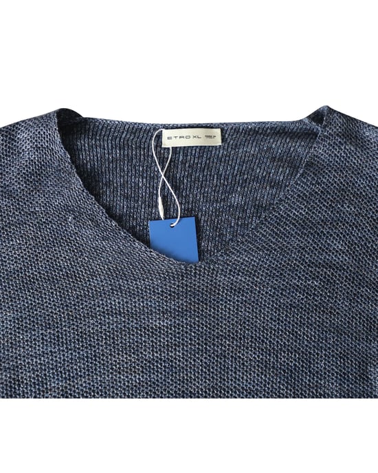 Etro V-neck Knit Sweater in Blue Cotton Linen - Image 3