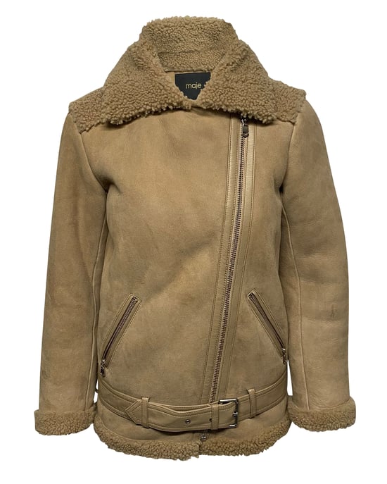 Maje Gombery Shearling Jacket in Beige Suede - Image 1