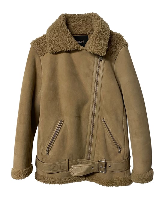 Maje Gombery Shearling Jacket in Beige Suede - Image 5