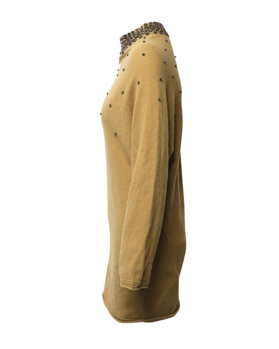 Valentino Garavani gebreide jurk met kristallen versieringen in bruine camelkleurige wol. - Image 2