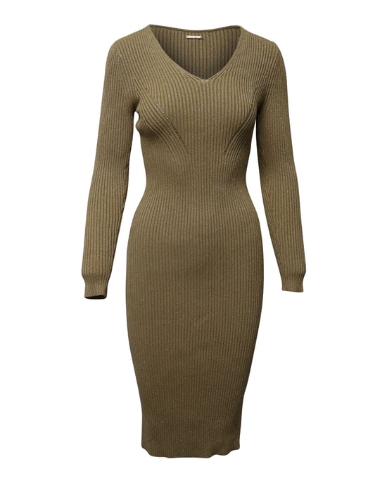 Michael Kors Fitted Ribbed Knit Midi Dress in Metallic Gold Viscose - Image 1