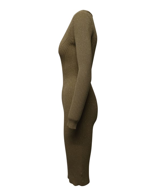 Michael Kors Fitted Ribbed Knit Midi Dress in Metallic Gold Viscose - Image 2