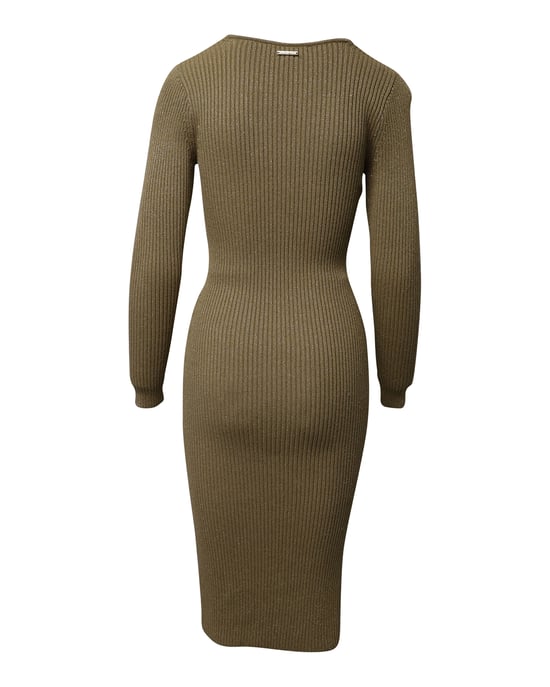 Michael Kors Fitted Ribbed Knit Midi Dress in Metallic Gold Viscose - Image 3