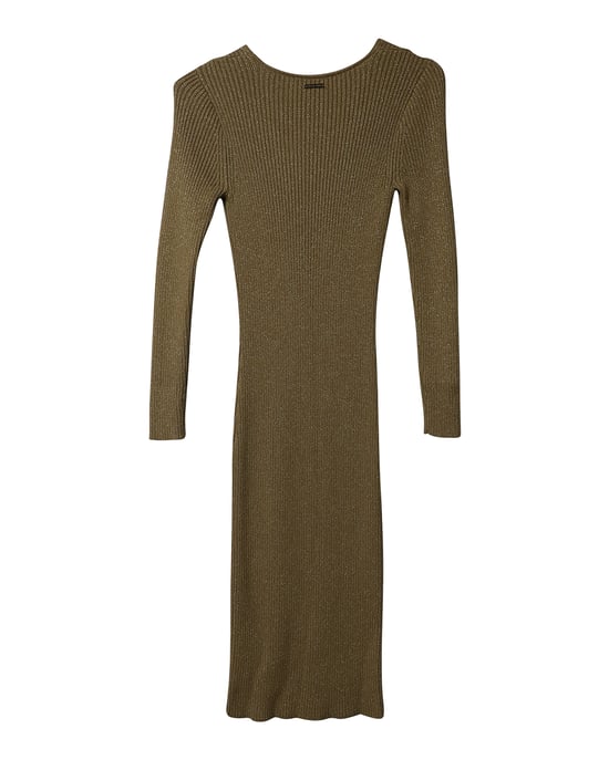 Michael Kors Fitted Ribbed Knit Midi Dress in Metallic Gold Viscose - Image 4