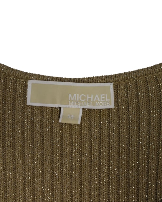 Michael Kors Fitted Ribbed Knit Midi Dress in Metallic Gold Viscose - Image 5