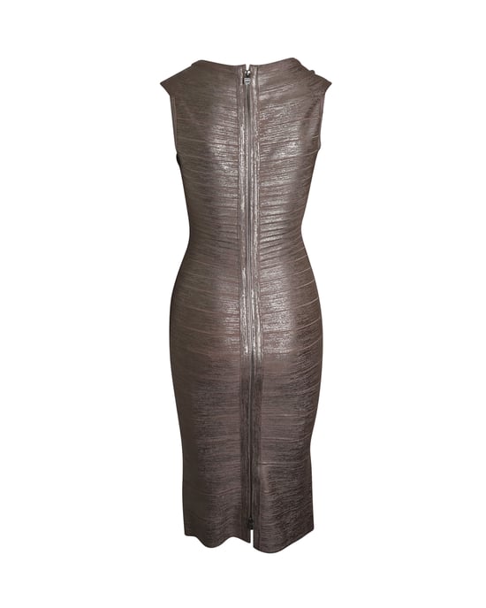 Herve Leger – Rundringad bandageklänning i metallisk roséguldfärgad rayon - Image 3