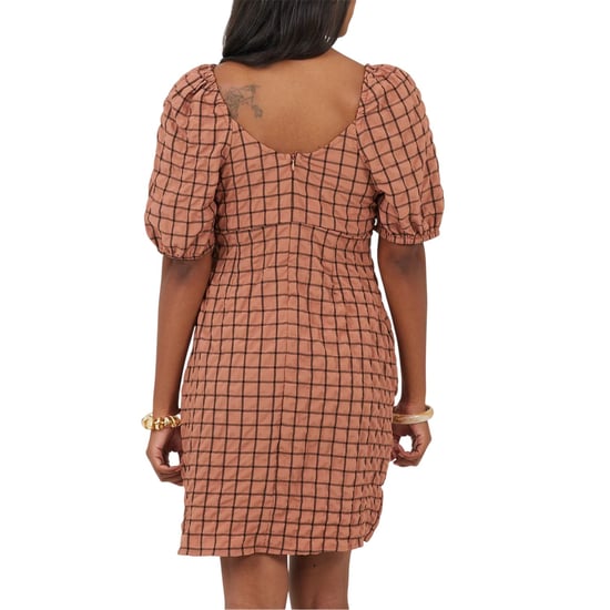 Brave Soul Mini-jurk voor dames met ruitjespatroon, vierkante halslijn en pofmouwen (Roest/Zwart) - Image 2