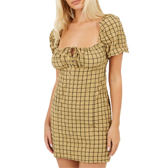 Brave Soul Mini-jurk voor dames met ruitjespatroon, vierkante halslijn en pofmouwen (Mosterd/Zwart) - Image 2