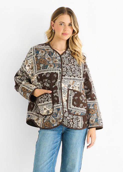 Lätt quiltad jacka i viskos med paisley-mönster i chokladbrunt - Image 2