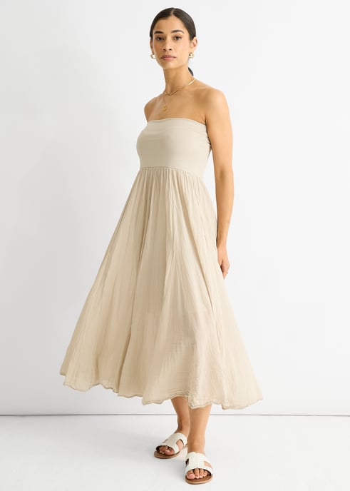 Beige Cotton Multiway Waistband Skater Skirt Dress - Image 3