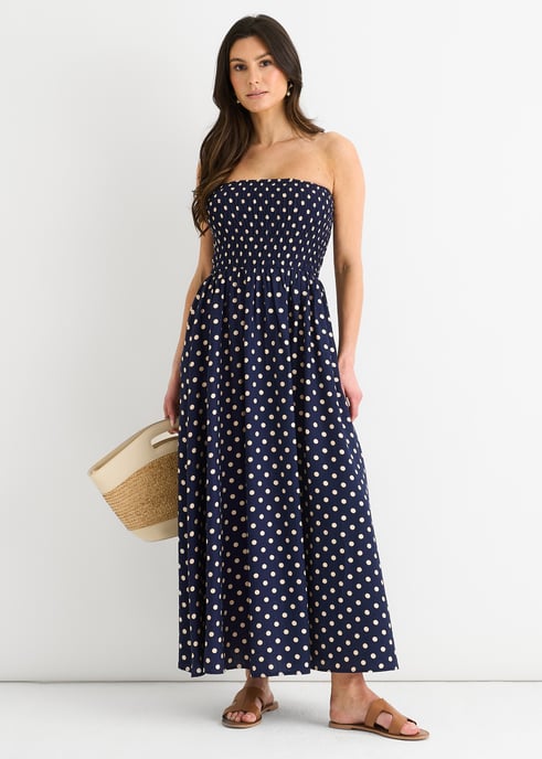 Navy Shirred Top Viscose Spot Midi Dress - Image 1
