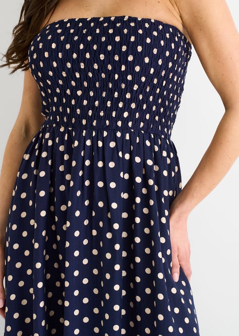 Navy Shirred Top Viscose Spot Midi Dress - Image 2
