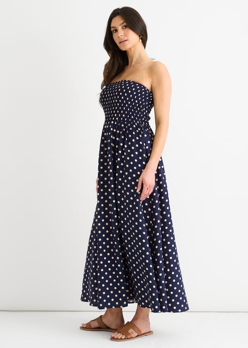Navy Shirred Top Viscose Spot Midi Dress - Image 3