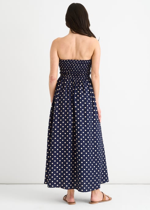 Navy Shirred Top Viscose Spot Midi Dress - Image 4