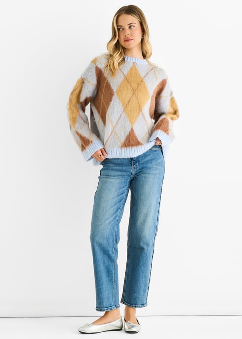 Blue Argyle Knit Round Neck Jumper - Image 1