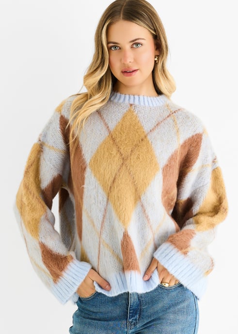 Blue Argyle Knit Round Neck Jumper - Image 2