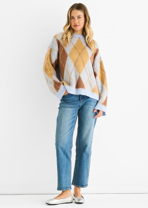 Blue Argyle Knit Round Neck Jumper - Image 3