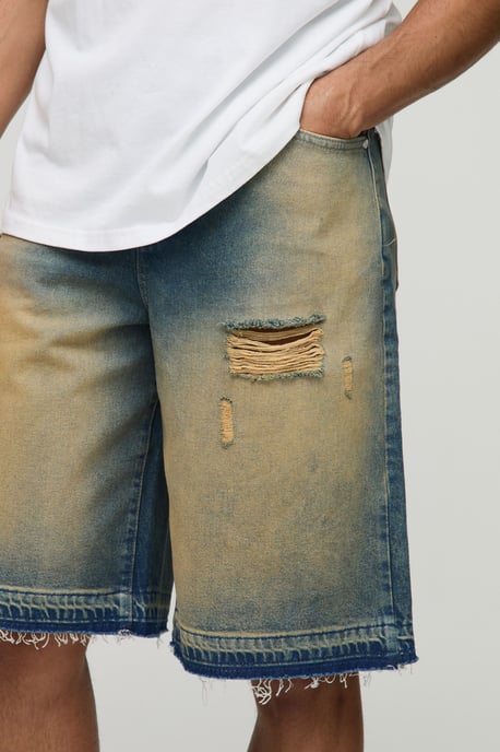 Ripped Denim Jorts In Washed Light Blue - Image 3