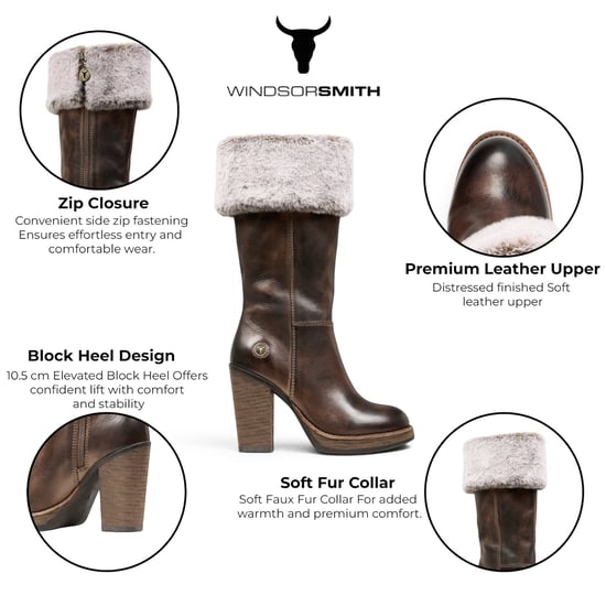 Windsorsmith Womens Mid Calf Brown Leather High Heel Fur Boots - Lovestruck - Image 2