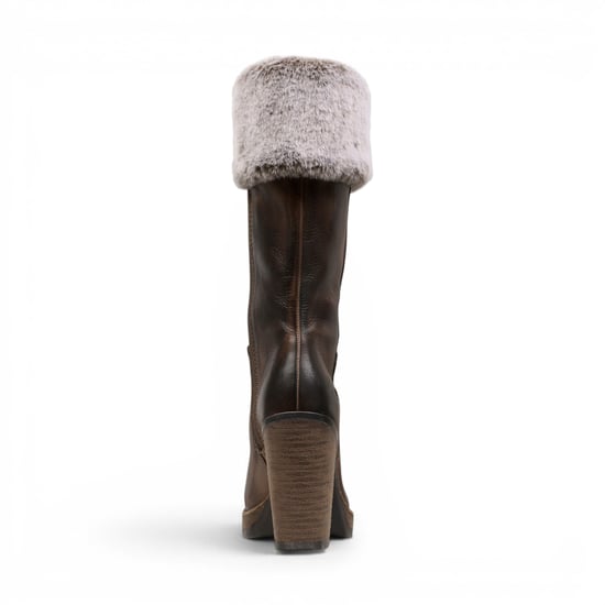 Windsorsmith Womens Mid Calf Brown Leather High Heel Fur Boots - Lovestruck - Image 4